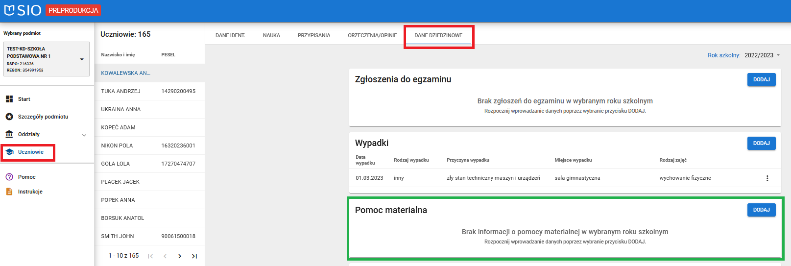 Okno z widokiem po zmianach w tym usunięcia wpisu w pomocy materialnej.