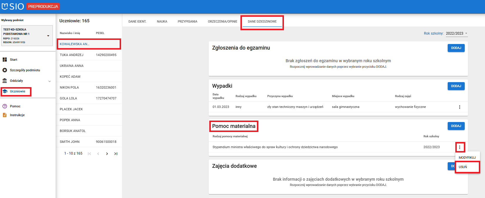 Widok na zakładkę dane dziedzinowe wybranego ucznia z możliwością usunięcia pomocy materialnej
