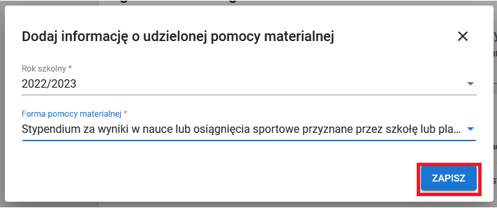 Widok uzupełnionego formularza dodania pomocy materialnej