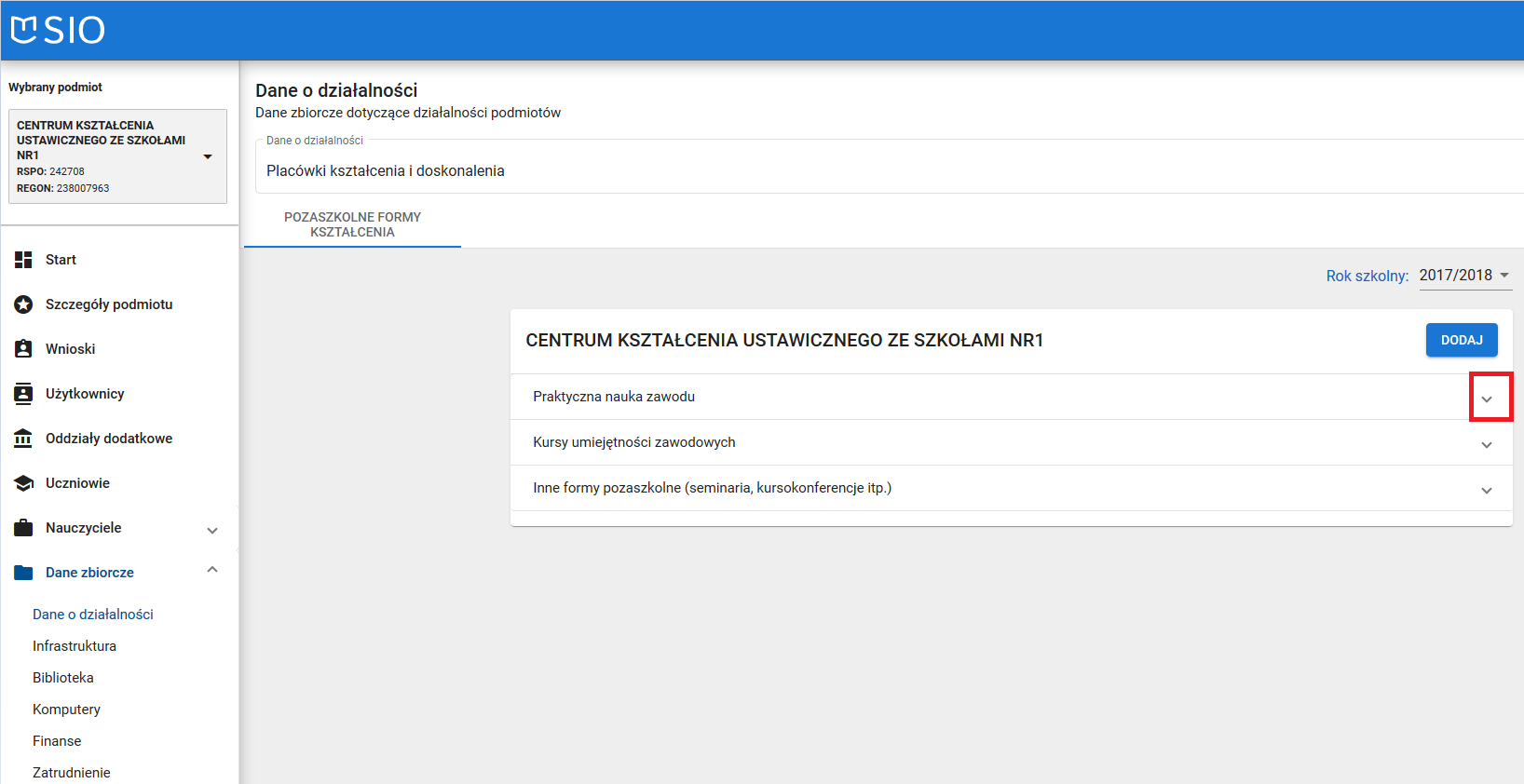widok okna dane zbiorcze - dane o działalności - pozaszkolne formy kształcenia z zaznaczoną możliwością rozwinięcia szczegółów