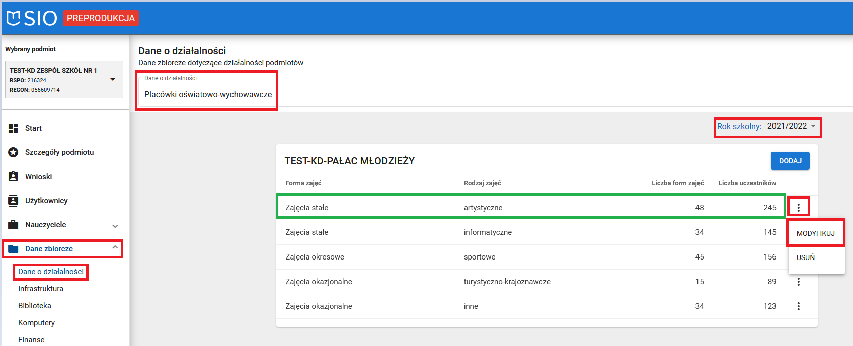 widok okna dane o działalności placówki oświatowo-wychowawczej z zaznaczoną możliwością wyboru roku szkolnego i wybranej opcji modyfikuj