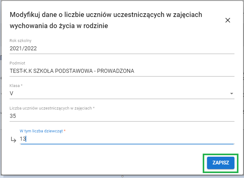 formularz modyfikuj dane o liczbie uczniów uczestniczących w zajęciach wychowania do życia w rodzinie