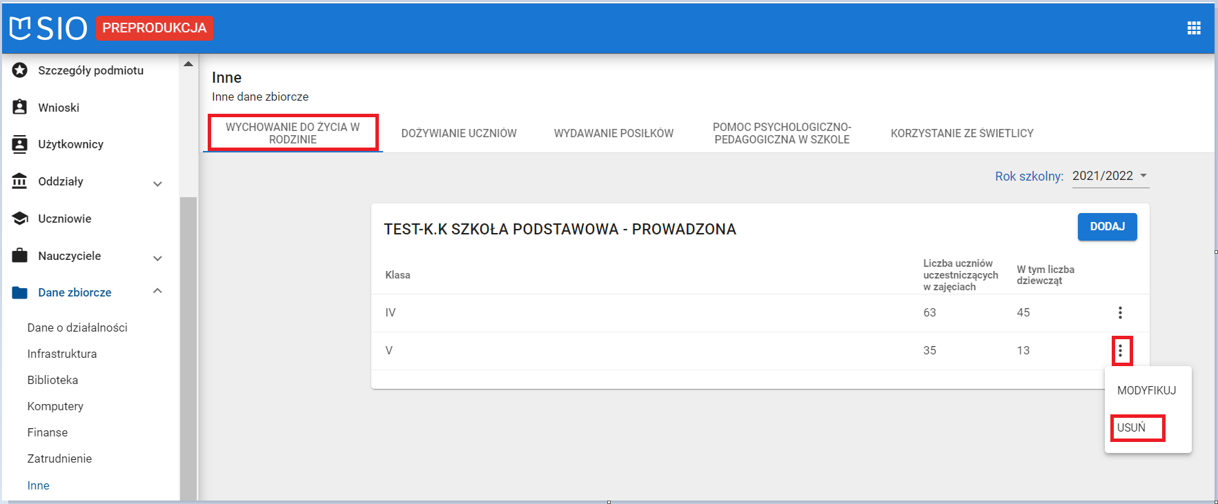 okno dane zbiorcze inne zakładka wychowanie do życia w rodzinie z zaznaczonym przyciskiem usuń
