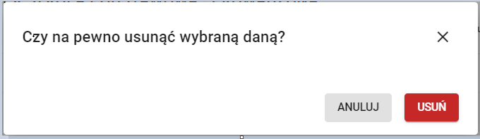 okno do potwierdzenia usunięcia wybranych danych