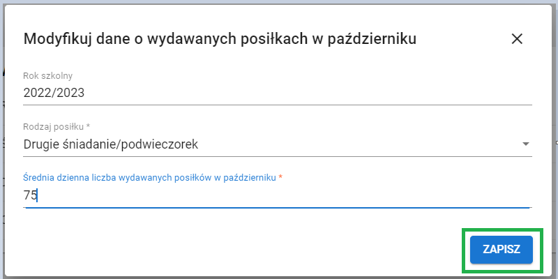 formularz modyfikuj dane o wydawanych posiłkach w październiku