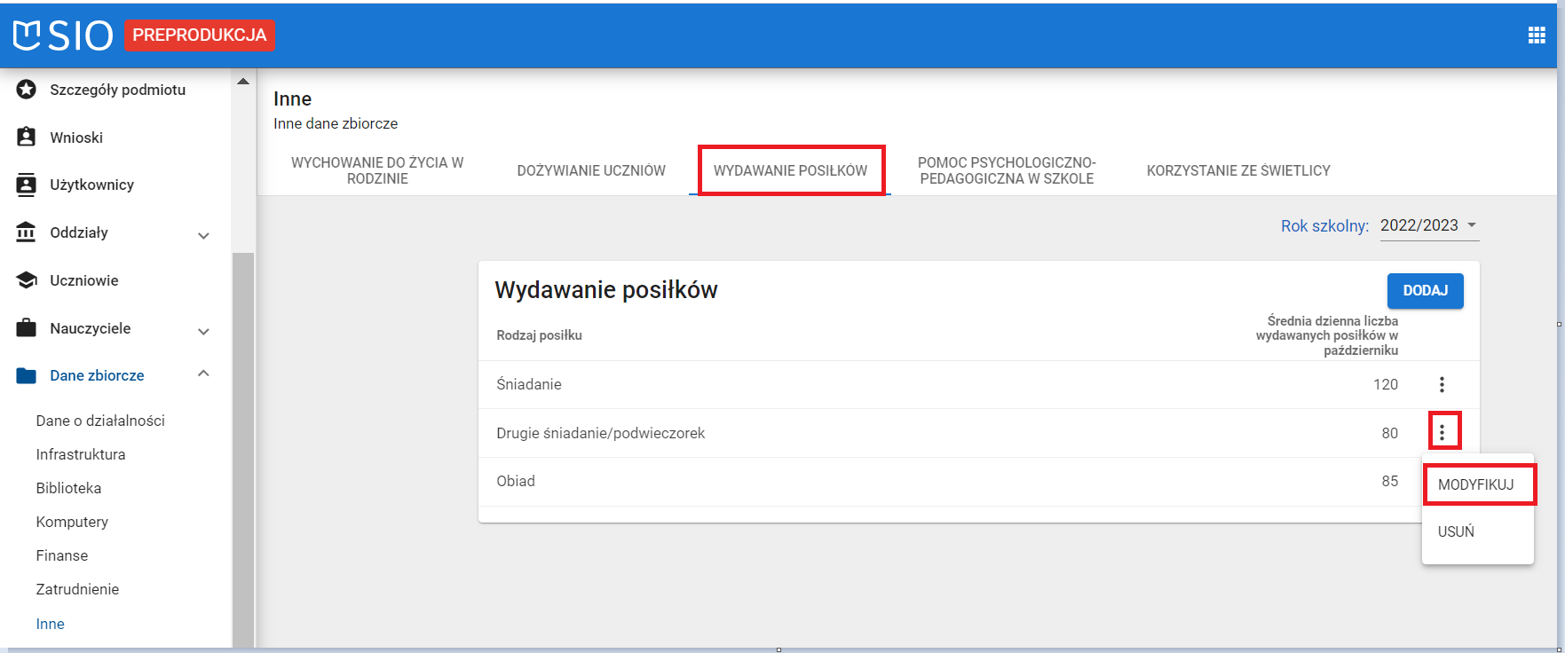 okno dane zbiorcze inne zakładka wydawanie posiłków z zaznaczonym przyciskiem modyfikuj