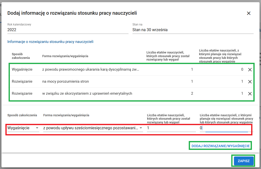 okno dodaj informację o rozwiązaniu stosunku pracy nauczycieli z oznaczonym przyciskiem dodaj rozwiązanie/wygaśnięcie oraz zapisz