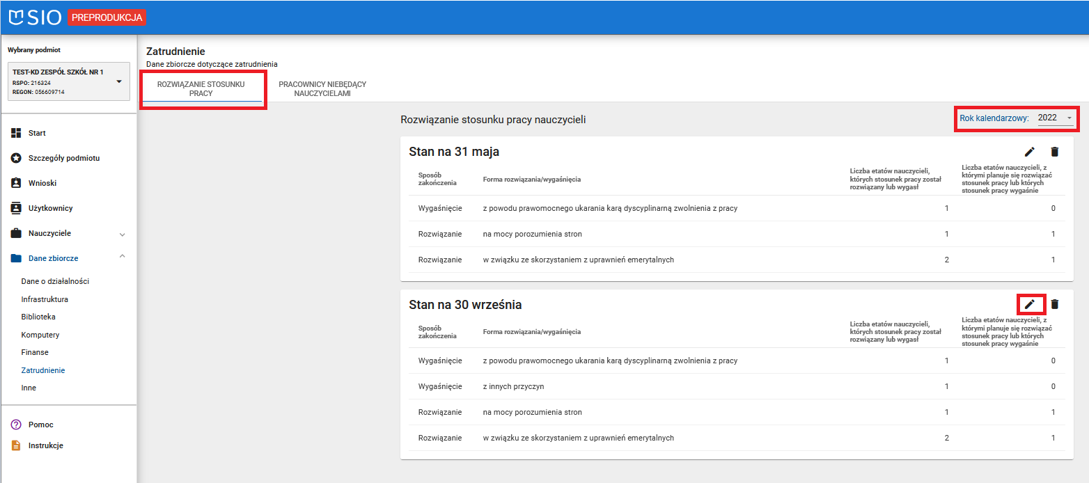 okno rozwiązanie stosunku pracy nauczycieli z zaznaczoną możliwością wyboru roku i modyfikacji