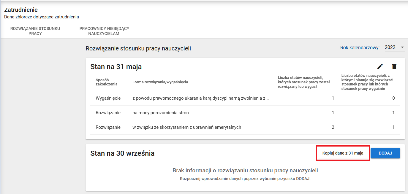 okno z widokiem na rozwiązanie stosunku pracy z oznaczoną opcją kopiuj dane z 31 maja