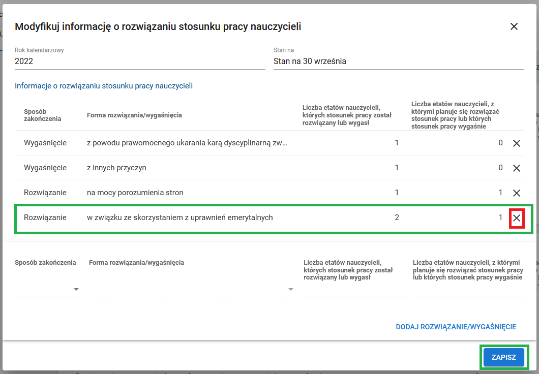 formularz modyfikuj informację o rozwiązaniu stosunku pracy nauczycieli z oznaczoną opcją x i przyciskiem zapisz