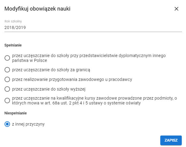 Okno z widokiem na modyfikowany formularz obowiązku nauki 