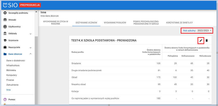 okno zakładka dożywianie uczniów z zaznaczoną możliwością modyfikacji