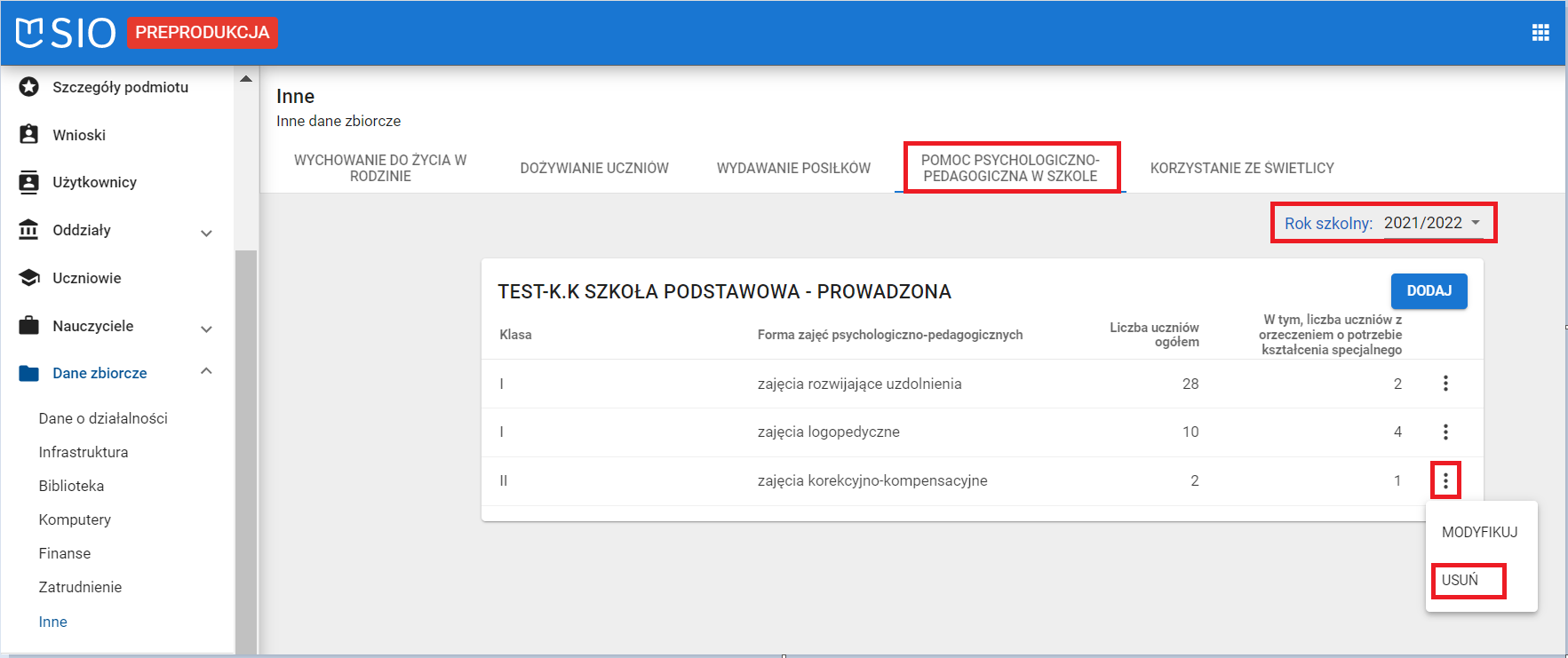 okno zakładka pomoc psychologiczno-pedagogiczna z zaznaczoną możliwością usunięcia wybranych danych