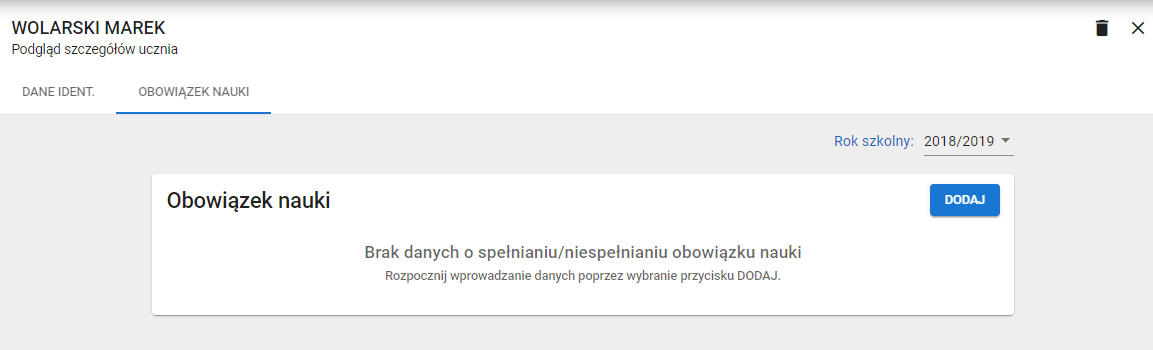 Okno z widokiem na usunięty wpis obowiązku nauki