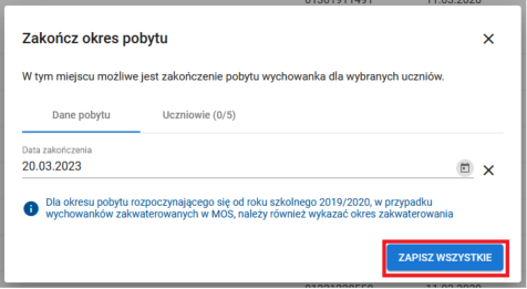 Okno formularza zakończenia okresu pobytu wychowanków, z polem daty zakończenia do uzupełnienia