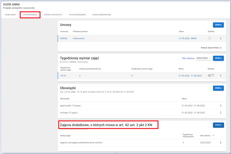 okno z widokiem a wybranego nauczyciela który ma mieć modyfikowane zajęcia dodatkowe