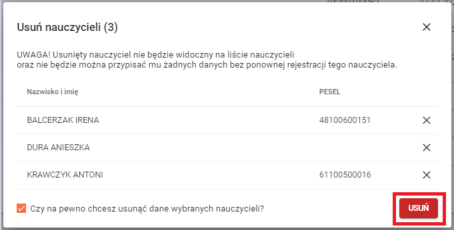 okno z widokiem na aktywny przycisk potwierdzający usunięcie nauczycieli