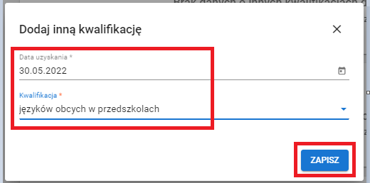 okno z widokiem na dodanie daty i rodzaju kwalifikacji