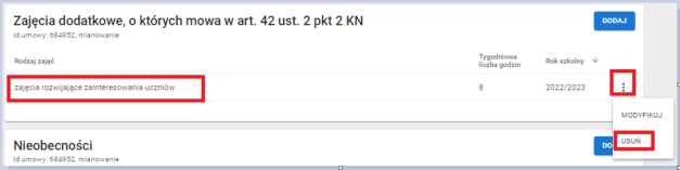 okno z widokiem na formularz umożliwiający usunięcie zajęć dodatkowych