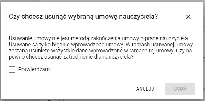 okno z widokiem na komunikat potwierdzający chęć usunięcia umowy