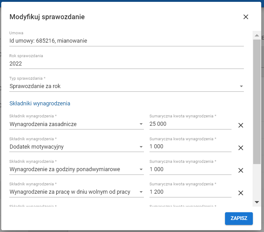 okno z widokiem na listę składników wynagrodzenia