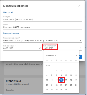okno z widokiem na modyfikację daty nieobecności