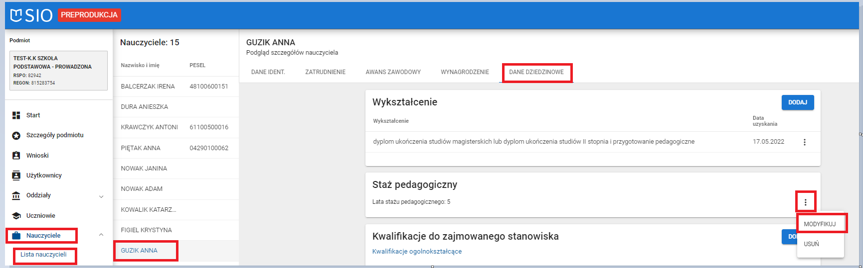 okno z widokiem na modyfikację stażu pedagogicznego