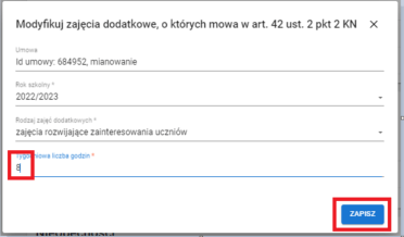 okno z widokiem na modyfikowaną tygodniową liczbę godzin