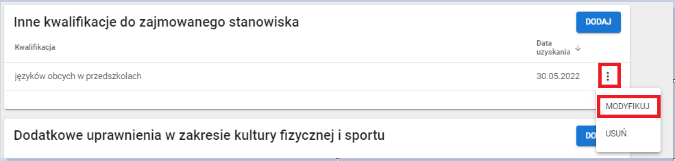 okno z widokiem na możliwość modyfikacji wybranej kwalifikacji