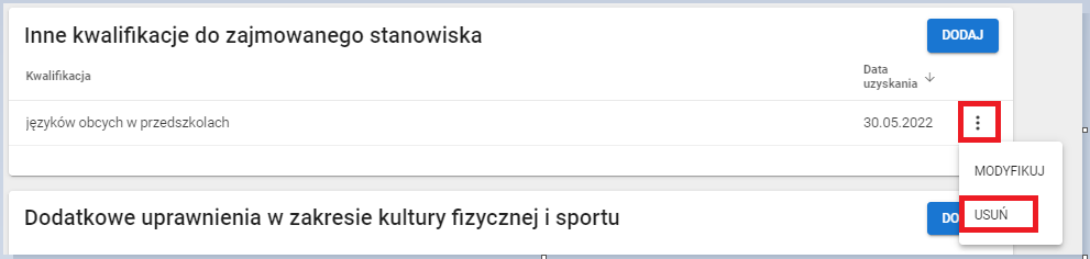 okno z widokiem na możliwość usunięcia wybranej kwalifikacji 