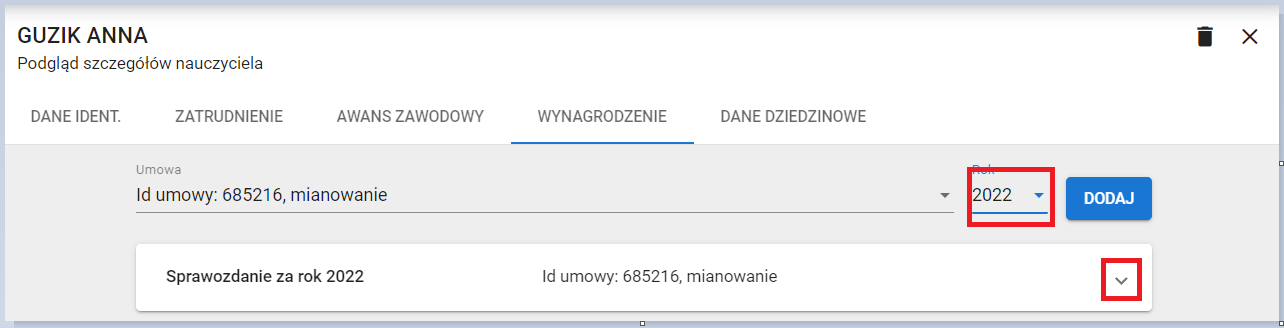 okno z widokiem na wybrany rok i rodzaj sprawozdania który ma być modyfikowany