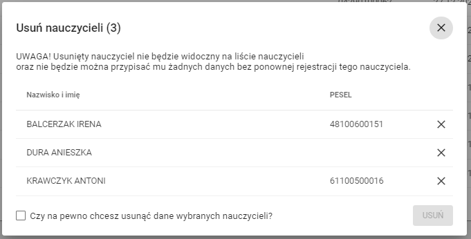 okno z widokiem na wybranych nauczycieli z listy którzy mają zostać usunięci