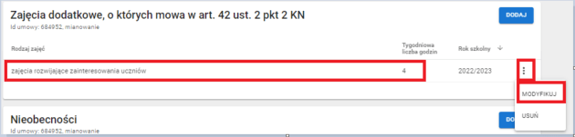 Okno z widokiem na zaznaczony rodzaj zajęć, który ma ulec zmianie