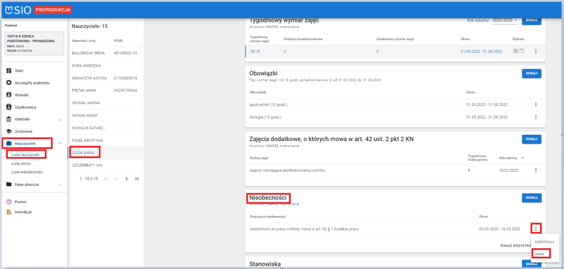 okno z widokiem po wejściu w zatrudnienie i panel nieobecności