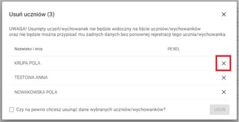 okno z wpisami do usunięcia 