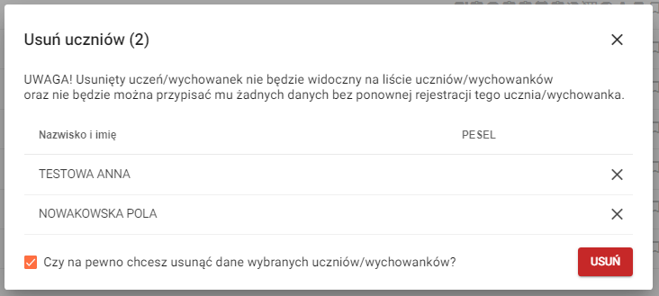 okno z zaznaczonym checkbox czy na pewno chcesz usunąć dane wybranych uczniów 