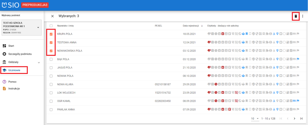 widok na grupowe zaznaczenie danych do usunięcia z listy uczniów 