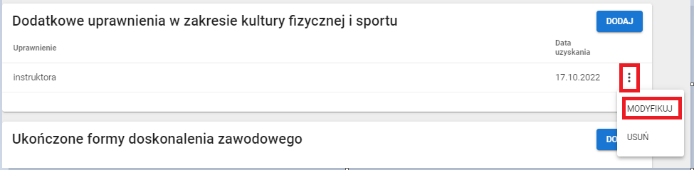 okno widokiem na możliwość modyfikacji dodatkowych uprawnień