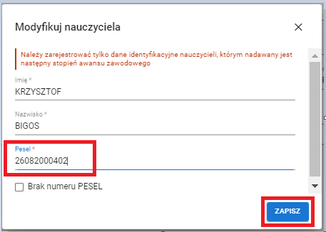 okno z widokiem na formularz zmiany danych nauczyciela z osoby bez numeru PESEL na osobę posiadającą numer PESEL 