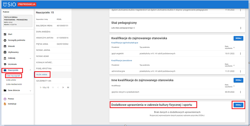 okno z widokiem na rejestrację danych dotyczących dodatkowych uprawnień w zakresie kultury fizycznej i sportu