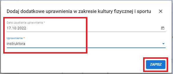 okno z widokiem na wprowadzoną datę i rodzaj uprawnień