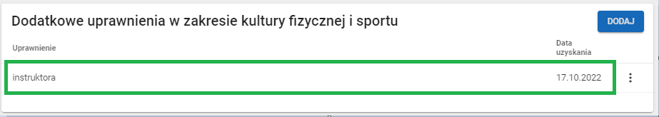 okno z widokiem na zapisane dane dotyczące dodatkowych uprawnień w zakresie kultury fizycznej i sportu