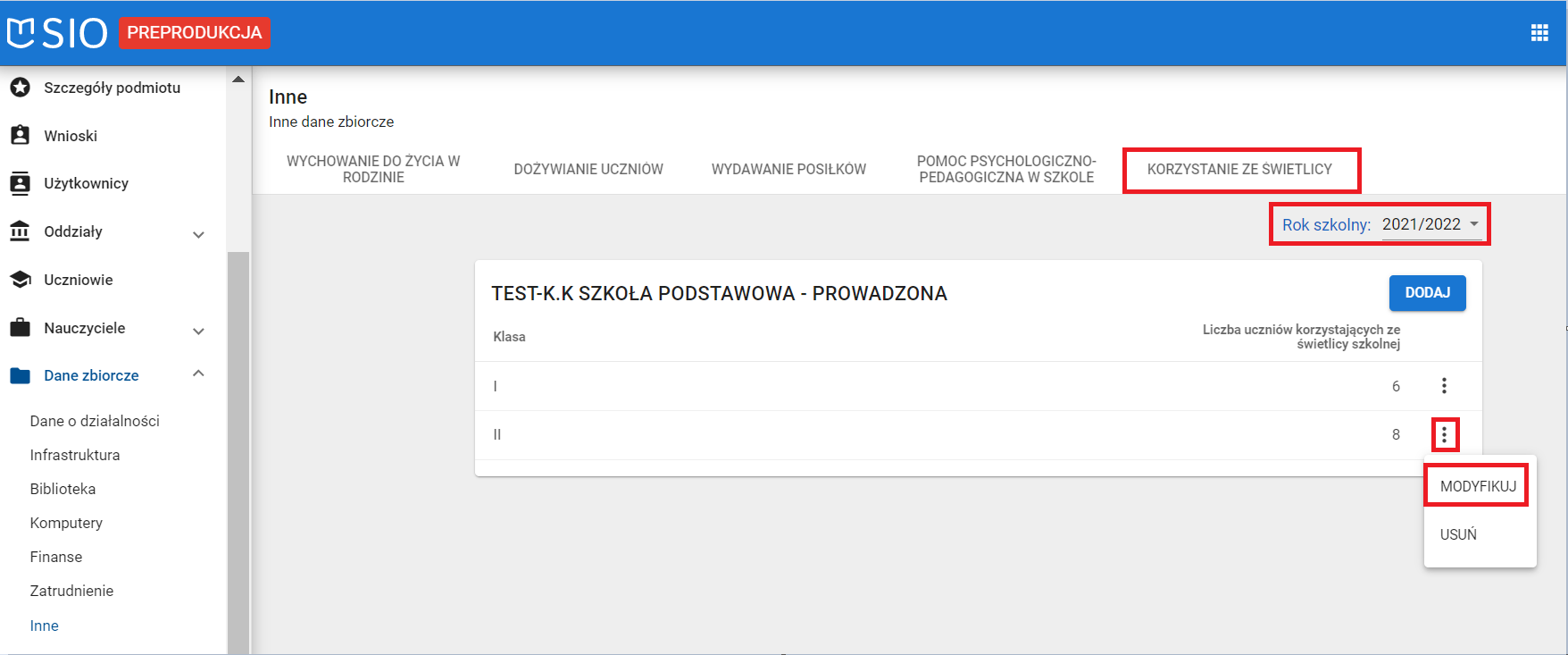 okno zakładka korzystanie ze świetlicy z zaznaczoną możliwością modyfikacji