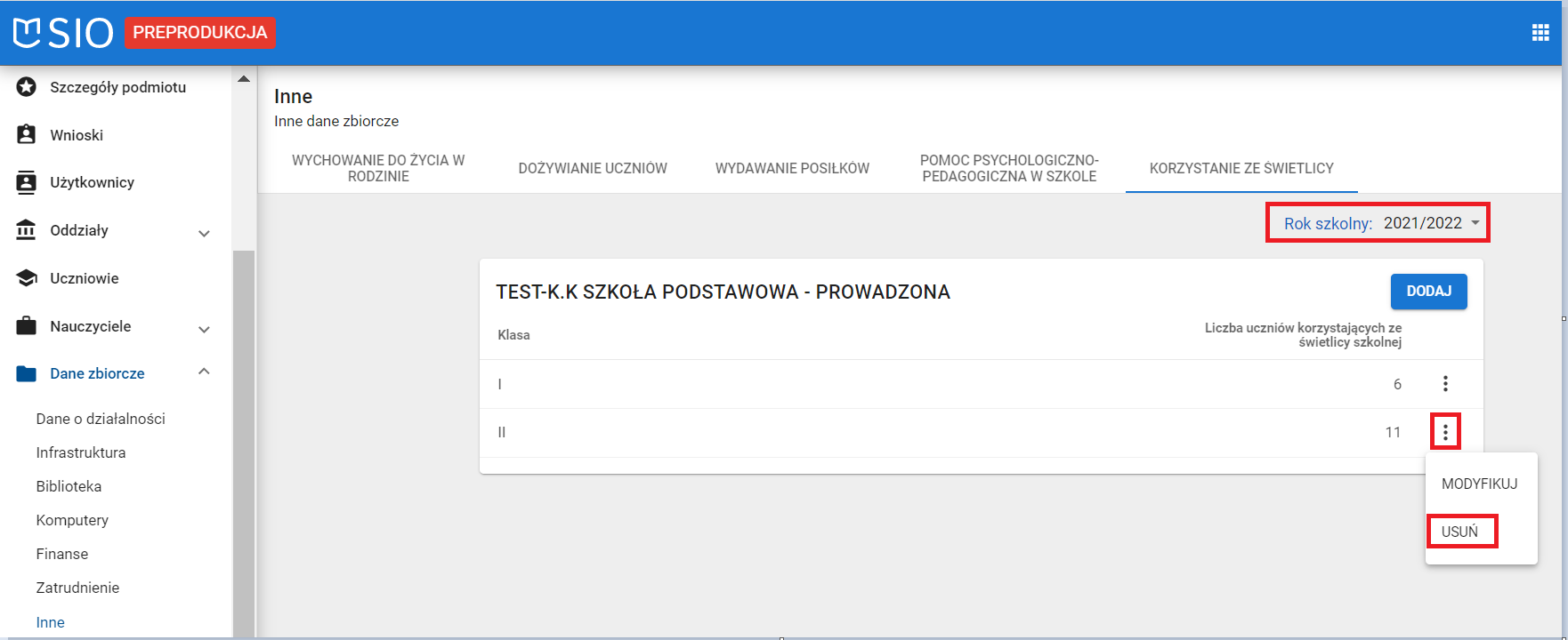 okno zakładka korzystanie ze świetlicy z zaznaczoną możliwością usunięcia wybranych danych