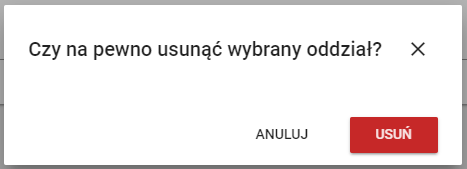 Okno z pytaniem czy na pewno usunąć wybrany oddział ?