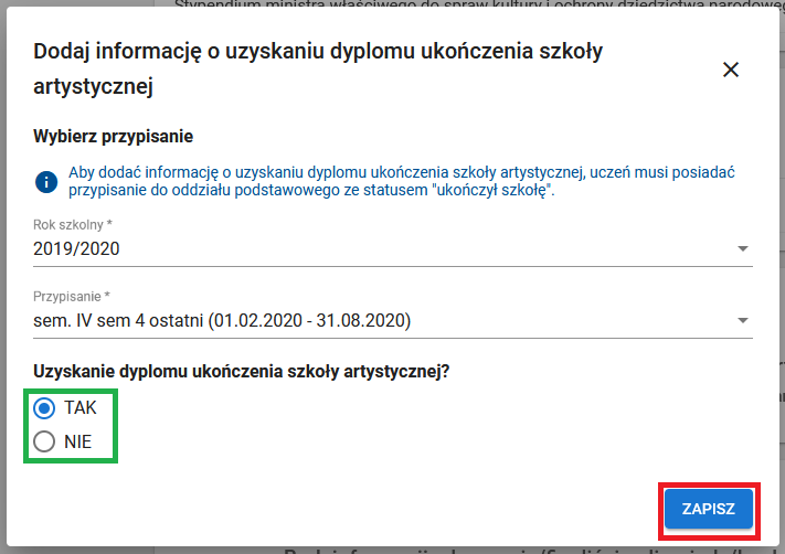 Widok formularza dodania informacji o uzyskaniu dyplomu szkoły artystycznej z możliwością zaznaczenia odpowiedniej opcji