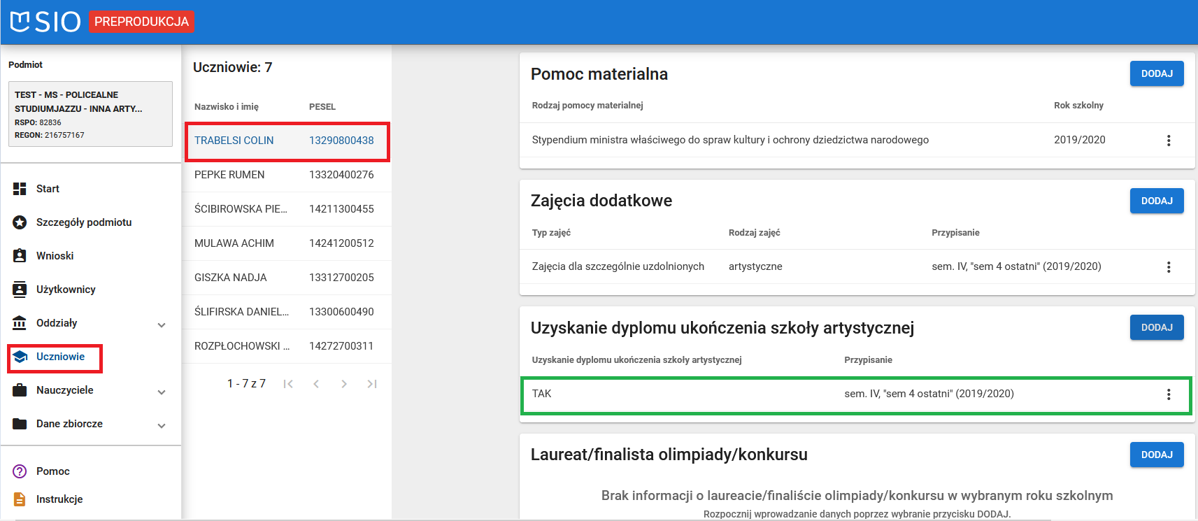 Widok zawartości zakładki dane dziedzinowe wraz z dodanym wpisem o uzyskaniu dyplomu ukończenia szkoły artystycznej