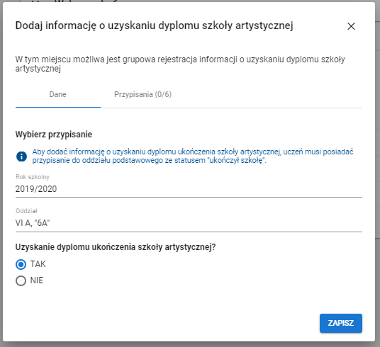 Widok formularza doania dyplomu szkoły artystucznej z możliwością zaznaczenia statusu uzyskania dyplomu ukończenia szkoły artystycznej.