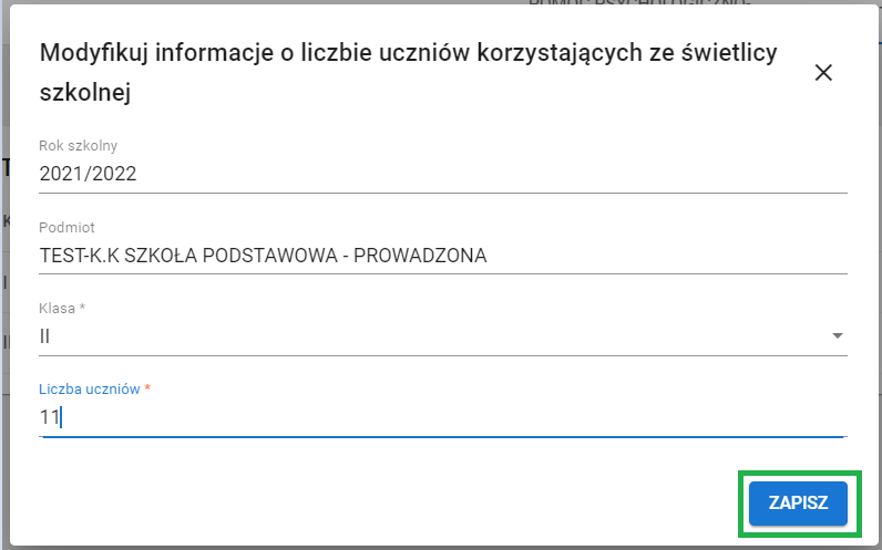 formularz modyfikuj informacje o liczbie uczniów korzystających ze świetlicy szkolnej