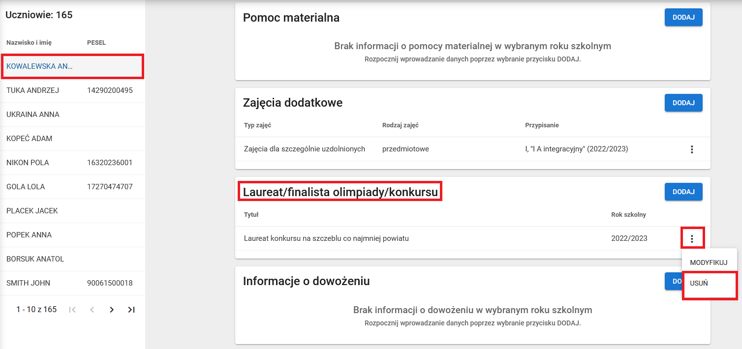 Okno danych dziedzinowych z możliwością usunięcia wpisu laureata/finalisty olimpiady/konkursu